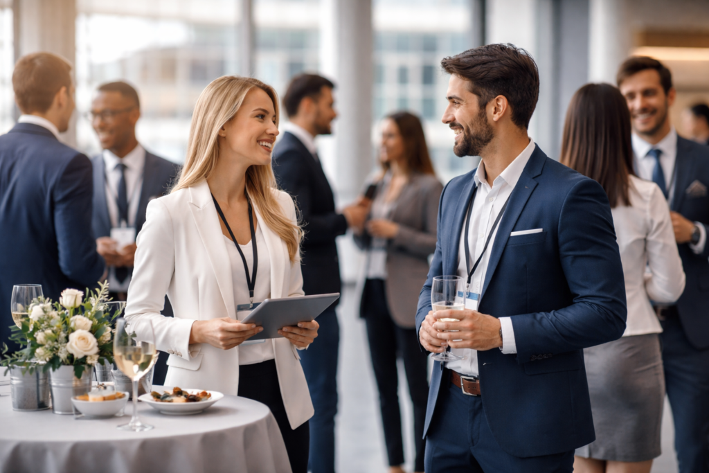 due colleghi chiacchierano ad un evento aziendale durante l'aperitivo