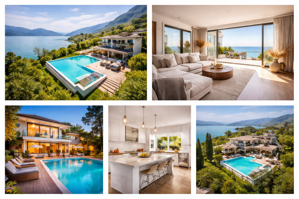 cinque immagini di immobili di lusso con piscina