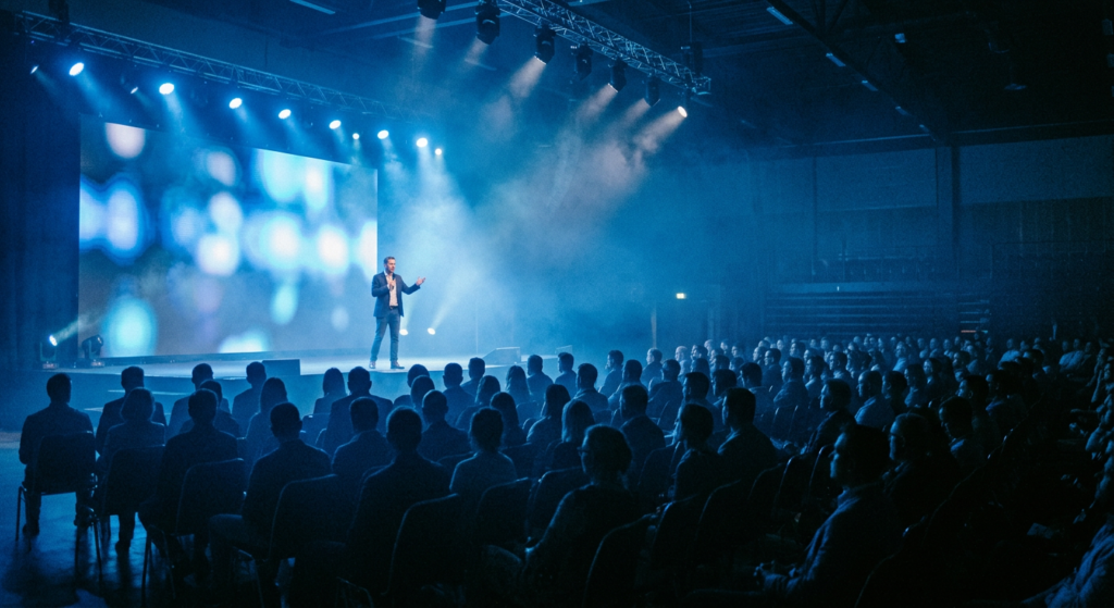 conferenziere sul palco in un evento aziendale